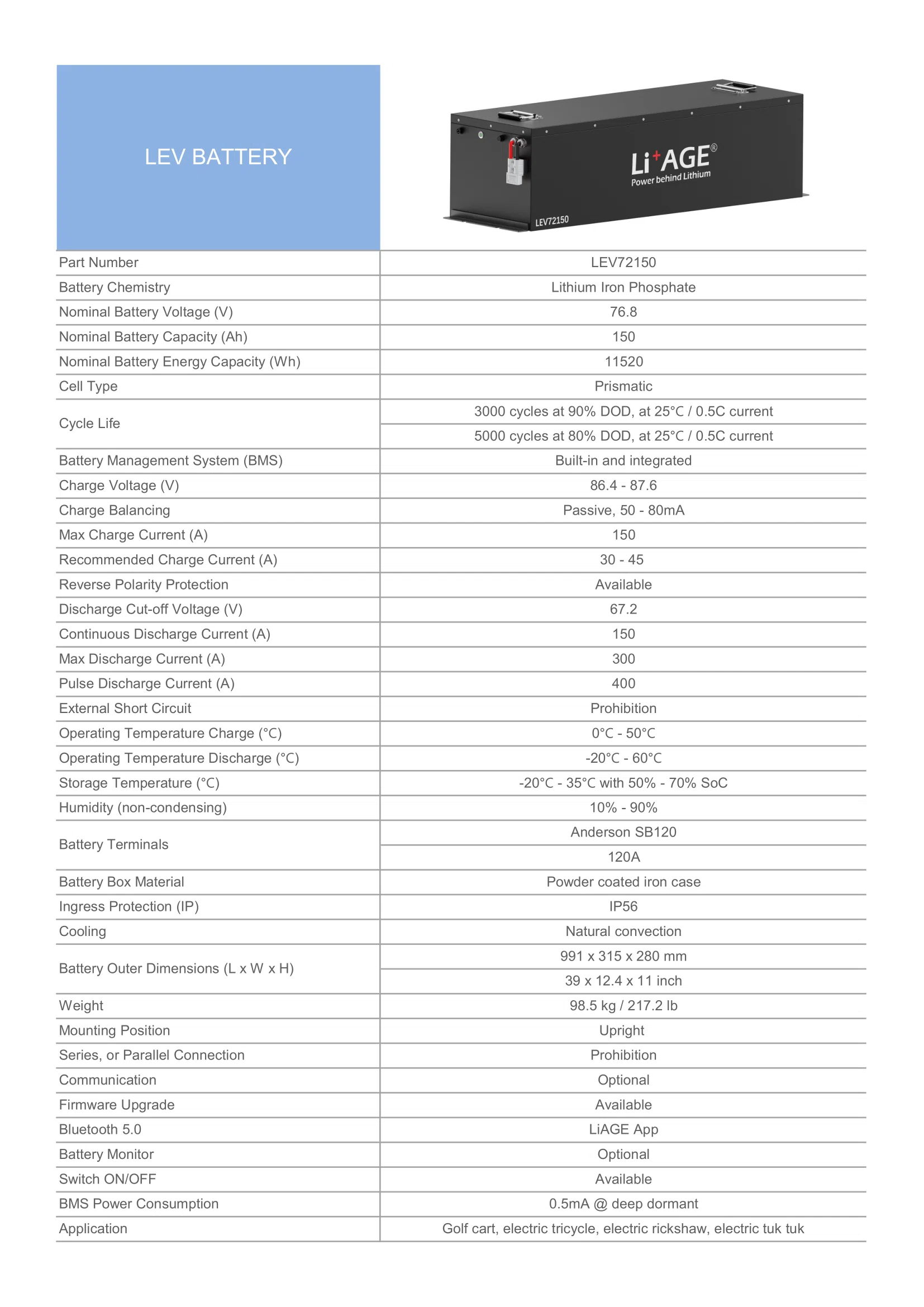 Electric tricycle, tuk tuk, rickshaw battery 72V 150Ah LEV72150.webp
